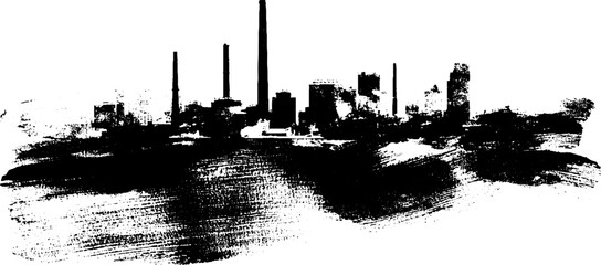 Black ink silhouette of industrial city skyline with rough grunge texture design