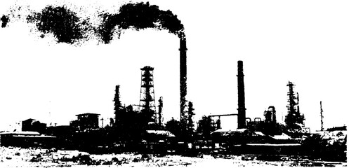 Obraz premium Industrial factory silhouette with chimneys and smoke in urban grunge style