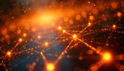Fototapeta premium Abstract Network of Glowing Orange Particles and Bokeh Lights, Representing Data Flow and Connectivity