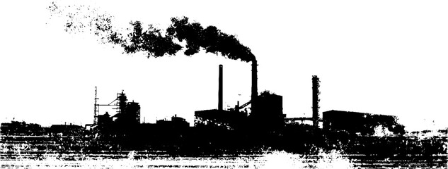 Obraz premium Industrial factory silhouette with smokestacks and urban grunge ink style