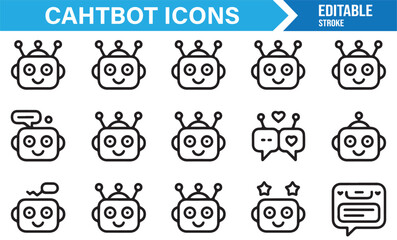 Cute AI chatbot face icons for apps, customer support, and conversational design projects