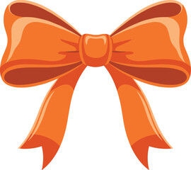 Glossy orange bow with loops and tails, festive ribbon clipart, decorative gift wrap icon, vector illustration, isolated, cad drawing flat vector illustration