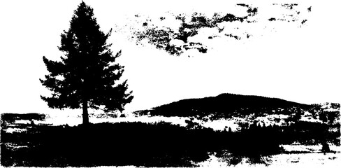 Silhouette of pine tree on horizon with mountain view in black ink