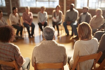 Rehab setting. Diverse group of people at addiction recovery therapy session meeting, with their backs to camera, chairs arranged in circle. 