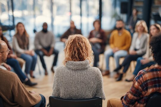 Rehab setting. Diverse group of people at addiction recovery therapy session meeting, with their backs to camera, chairs arranged in circle.  - Powered by Adobe