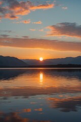 Golden Hour Serenity Mountains and Lake Reflecting Sunset Calm Beauty