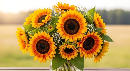 Vibrant bouquet of fresh yellow sunflowers in a glass vase by a window with a sunny landscape background.