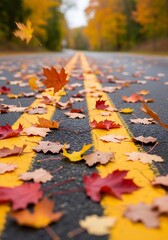 Obraz premium Autumn leaves scattered across a road, displaying a vibrant array of colors against the yellow stripes.