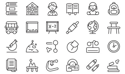 Vector line icon set of school life, study tools, transportation, classroom, and academic subjects for modern education designs
