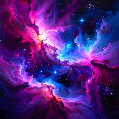 Cosmic nebula swirling in vibrant purples, pinks, and blues