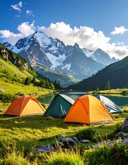 Scenic alpine campsite by a lake