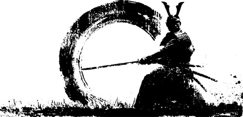 Dramatic black ink samurai silhouette with katana in action pose