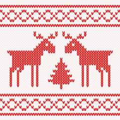 red Christmas background, ornament with reindeer. Seamless pattern. Texture for fabric, wrapping, wallpaper. Decorative print.