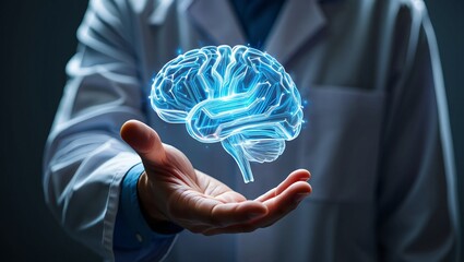 Doctor holds glowing digital brain in open hand