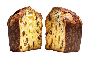 Two halves of a rich, golden-brown panettone