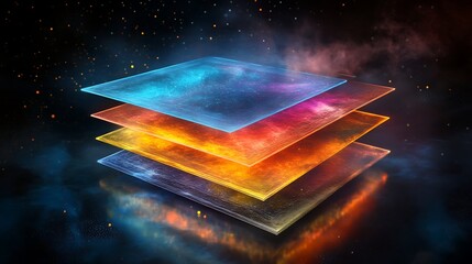 Abstract technology layers with glowing particles, representing data processing, cloud computing, and digital transformation concept