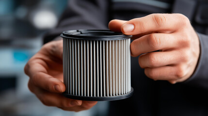 A mechanic changing car filters, close-up of hands sliding a shiny filter cartridge into place, crisp focus.