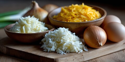 traditional latke ingredients, close-up shot of latke ingredients grated potatoes, onions, and eggs on a wooden board, lit naturally to highlight their colors and textures