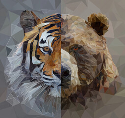 vector illustration of a polygonal-headed tiger and bear, with vector graphics on a gray background.