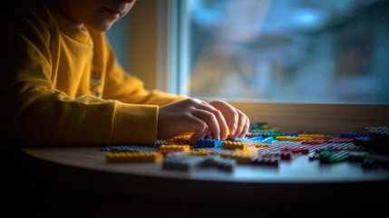 Obraz premium A child in a yellow sweater assembling colorful lego bricks by the window