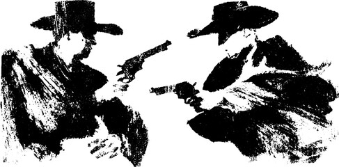 Dramatic duel silhouette of cowboys in black ink for western design