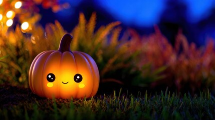 A glowing pumpkin with a cheerful face sits amidst vibrant grass and soft evening lights in the background