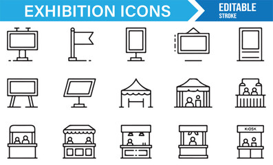 Linear icons of exhibition booths, kiosks, stands, tents, and marketing displays for expo or trade show design