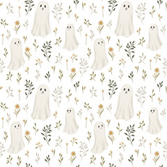 Boho ghost with autumn floral, hand draw cartoon halloween background, october seamless pattern
