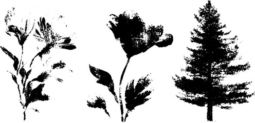 Black ink silhouettes of abstract plants and floral designs