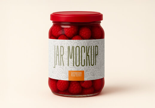 Raspberry jar mockup &ndash; realistic glass container with lid for packaging and branding design