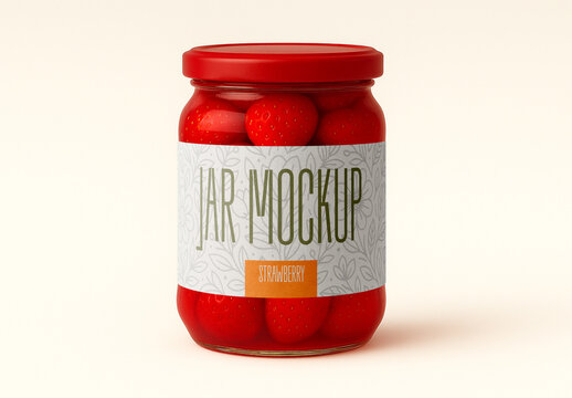 Glass Jar with Strawberries Mockup &mdash; Realistic Packaging Template