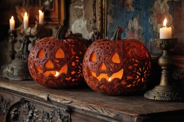 Pumpkins carved with intricate spooky face