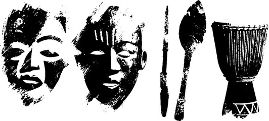 Black ink silhouette collection featuring african culture and tribal art elements
