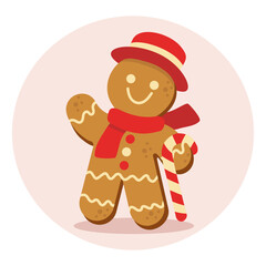 Cute gingerbread man wearing a red hat and scarf holding a candy cane. Festive Christmas cookie character decorated with icing, perfect for holiday designs, greeting cards and seasonal projects.