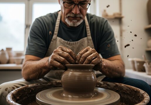 Focused artisan man crafting traditional clay pottery on a spinning wheel in a workshop demonstrating skillful handcraft