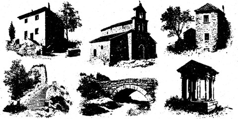 Obraz premium Black ink silhouette set of architectural structures and houses design for posters