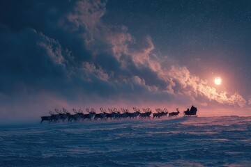 Reindeer pulling Santas sleigh a cross theni