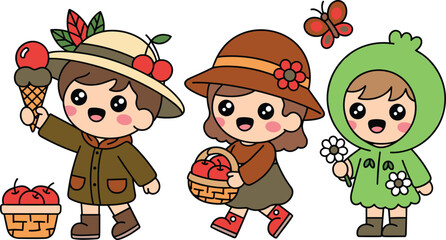 Cute kids in autumn costumes holding apples, ice cream, flowers, basket, nature background, perfect for seasonal illustrations