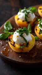 Halved grilled peaches paired with creamy burrata and fresh herbs plated on dark background gourmet