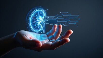 Futuristic digital kidney hologram held in hand with circuitry