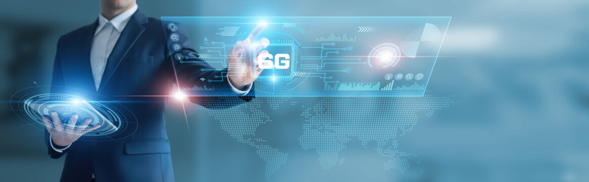 Businessman working with digital device with 6G technology, next-generation networks, high-speed connectivity, AI integration, global communication