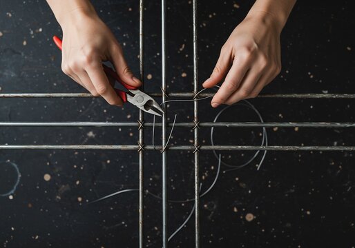Focused hands working with pliers to bend and secure metal wire creating a grid structure for a detailed crafting project.