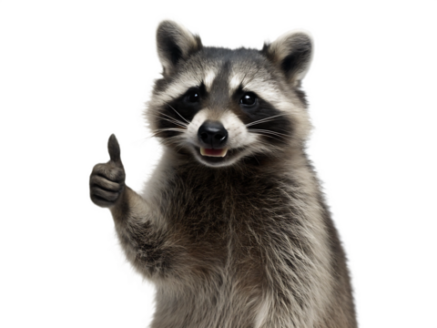 Raccoon With Thumbs Up Gesture Isolated on Background Keywords: raccoon, animal, mammal isolated on a transparent background