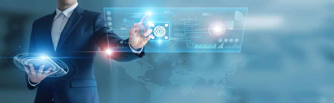 Businessman working with digital device with business integration, process automation, enterprise connectivity, system alignment, organizational efficiency