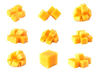 Fresh mango cubes isolated on a transparent background