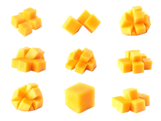 Fresh mango cubes isolated on a transparent background