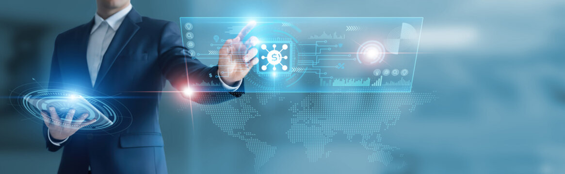 Businessman working with digital device with DeFi platforms, blockchain finance, smart contracts, digital assets, tokenized economy