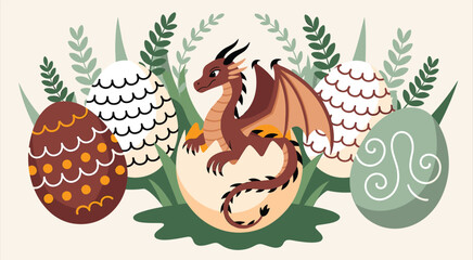 Cute baby dragon hatching from egg, decorated fantasy eggs, mystical creature, whimsical nature background, vector illustration art