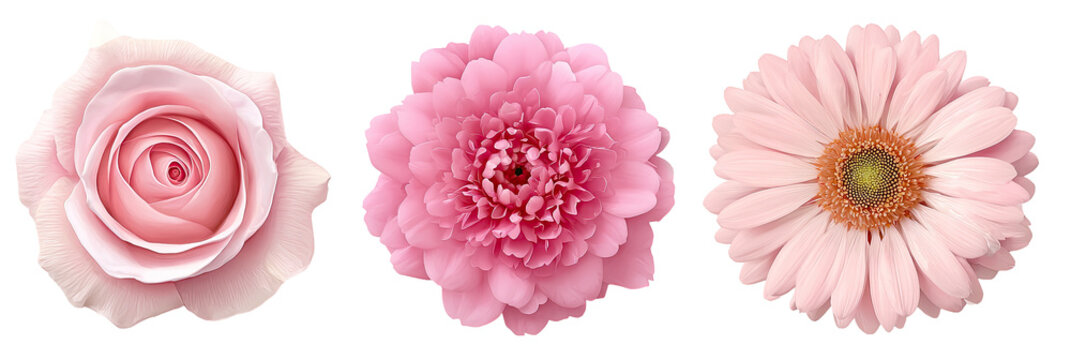 Three pastel pink flowers, a rose, a dahlia, and a gerbera daisy, isolated against a black background. Each flower has a detailed, slightly textured appearance - Powered by Adobe