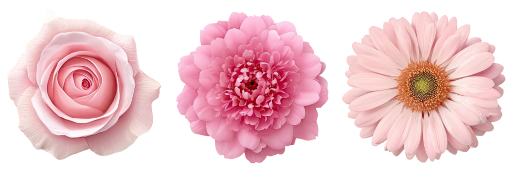 Three pastel pink flowers, a rose, a dahlia, and a gerbera daisy, isolated against a black background. Each flower has a detailed, slightly textured appearance